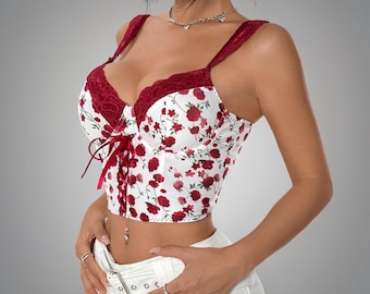 Blommig korsetttopp för kvinnor, spetsbustier-crop-topp, Cottagecore-camitopp, rödblommig korsettblus, romantisk sommartopp för år 2000