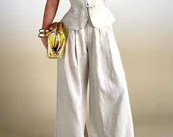Women 2 Piece Matching Set, Linen Look Top and Wide Leg Pants, Summer Outfit, Vacation Wear, Resort Co Ord Set