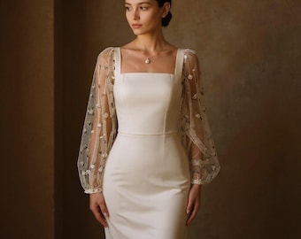 Ivory Wedding Dress Square Neckline Sheer Floral Puff Sleeves Bridal Gown Elegant Formal Engagement Dress Modest Attire