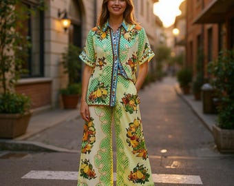 Vibrant Fruit Print Two Piece Set, Womens Summer Loungewear Outfit, Relaxed Fit Shirt and Wide Leg Pants