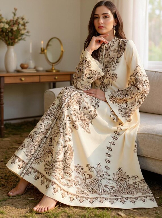 brown and cream maxi dress Maxi Dress Paisley Print, Long Sleeve, Cream Brown Modest Dress