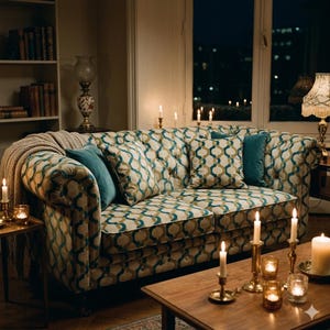 May include: A tufted sofa with a geometric pattern in teal, gold, and cream, complemented by teal throw pillows. The room is dimly lit with candles and lamps, creating a cozy atmosphere. A bookshelf and a window with a city view are visible.