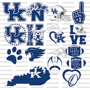 May include: A collection of blue and white graphics featuring the letters "UK", a football helmet, a paw print, a wildcat, and a football. The designs are suitable for sports-themed crafts and apparel.