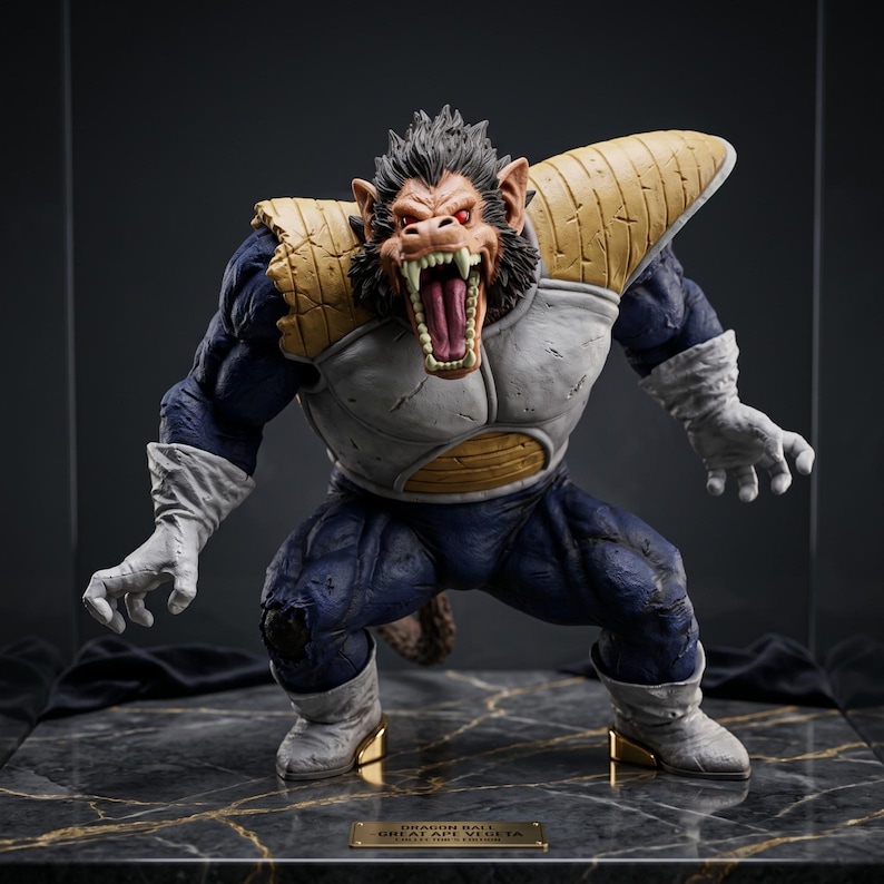 May include: A detailed statue of Great Ape Vegeta from Dragon Ball. The figure is in a crouching pose, with a fierce expression and open mouth. It features a blue and white battle suit, with gold accents and a brown fur-like face.