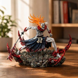 May include: A detailed figurine of a character with orange hair, a white and gray body, and a blue skirt. The figure is holding a sword and is posed on a rocky, red-accented base. The figurine is a collectible item.