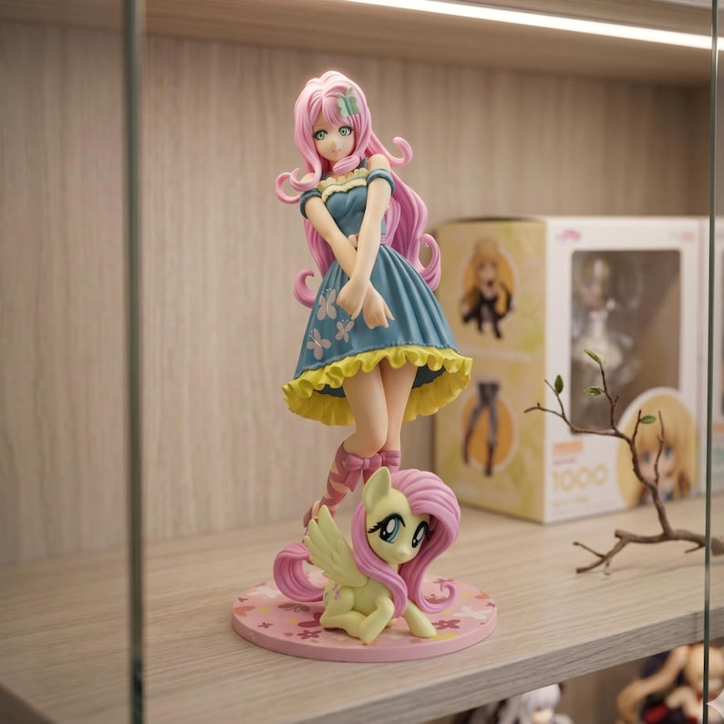 Op de afbeelding: Een verzamelbaar anime-figuurtje van een personage met lang roze haar in een blauwe jurk met een gele geplooide zoom en vlinderpatronen, staand naast een klein geel ponyfiguurtje met roze haar op een ronde, bloemrijke voet.