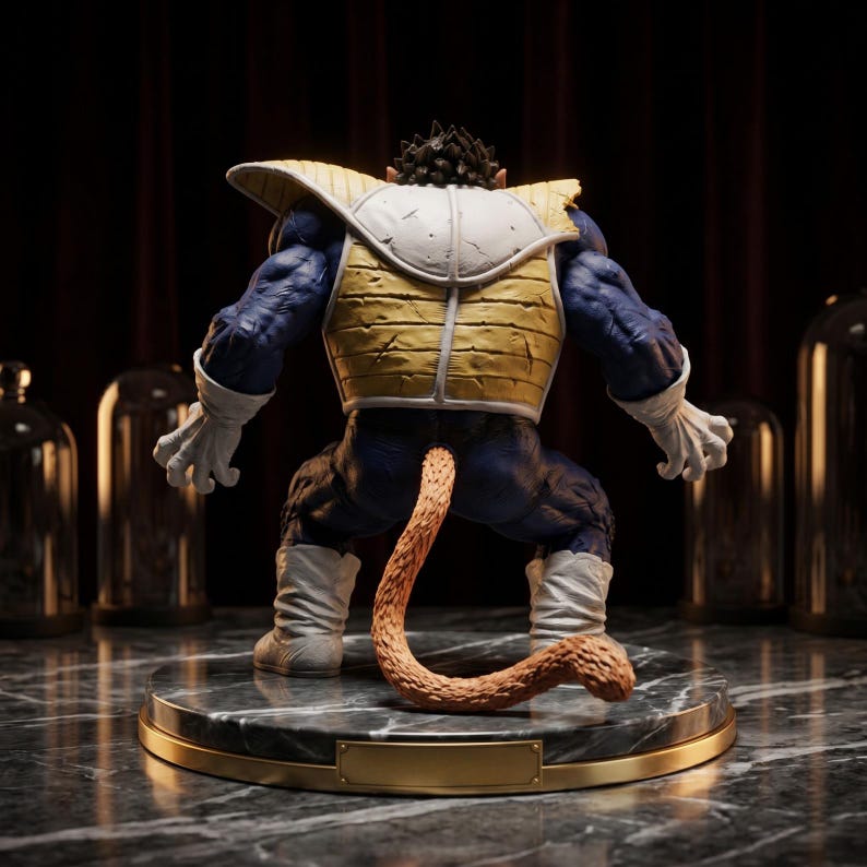 May include: A detailed figurine of a muscular, blue-skinned character in a crouched position, viewed from the back. The figure wears a yellow and white armored vest, white gloves, and boots. A long, brown tail curls out from the figure's back. The figurine is displayed on a marble-effect base.