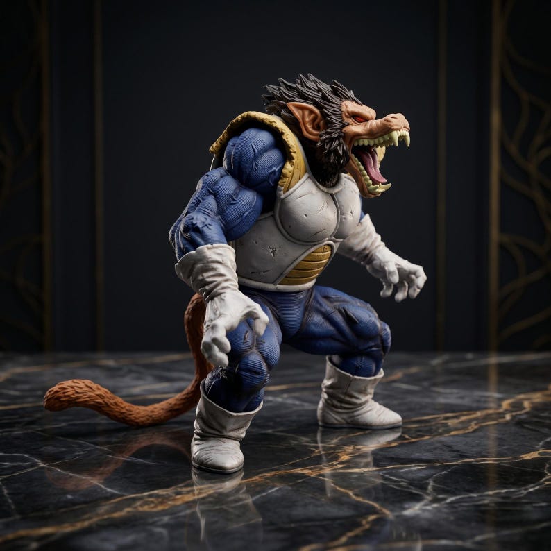 May include: A detailed action figure of a muscular, ape-like character in a dynamic pose. The figure is predominantly blue and white, with tan accents and a long, brown tail. The character has a fierce expression with an open mouth, revealing sharp teeth.