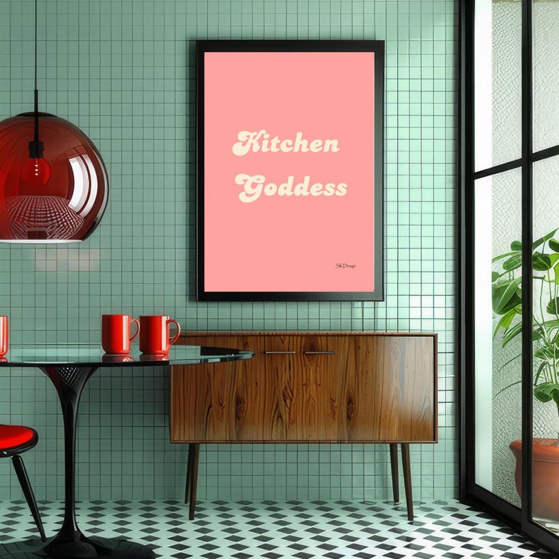 Kitchen Goddess - Kitschy Pink Poster for Retro Funky Vintage Kitchens ...