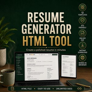May include: A digital resume generator HTML tool displayed on a laptop and tablet screen. The interface shows a professional resume template for Alex Morgan. The graphic includes text listing 12 templates, ATS friendly, 300 DPI PDF, and instant download.