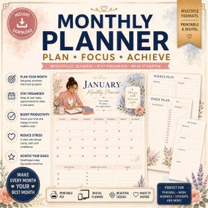 May include: A digital monthly planner with a floral design, featuring the text "Monthly Planner" and "Plan, Focus, Achieve." The planner includes sections for weekly and daily planning, goal setting, and note-taking. The design includes a woman at a desk.
