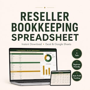Könnte beinhalten: Eine digitale Buchhaltungstabelle für Wiederverkäufer für Excel und Google Sheets. Der Bildschirm zeigt Finanzdaten, Kreisdiagramme und Balkendiagramme. Der Text umfasst Reseller Bookkeeping Spreadsheet, 6 Tabs, Beginner Friendly und Auto Profit Tracking.