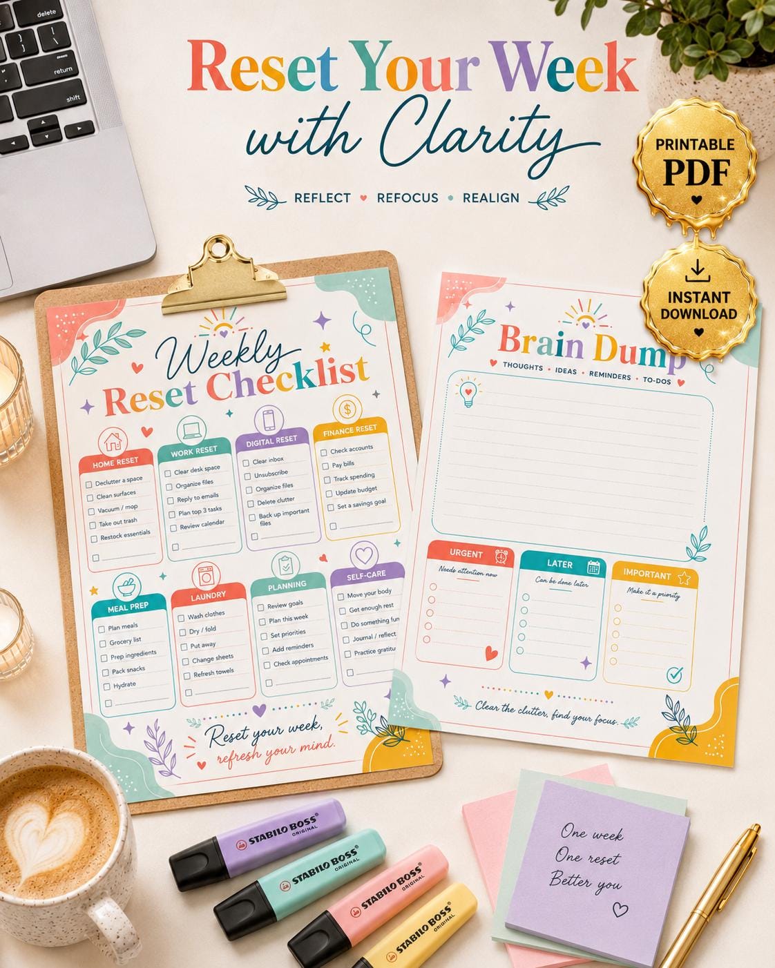Colorful Weekly Reset Planner Printable, Brain Dump, Cleaning Checklist ...