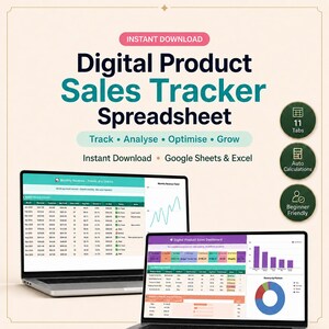 Puede incluir: Una hoja de cálculo de seguimiento de ventas de productos digitales para Google Sheets y Excel. La imagen muestra dos pantallas de ordenador con tablas de datos, gráficos lineales y circulares. El texto incluye Digital Product Sales Tracker Spreadsheet, 11 Tabs, Auto Calculations y Beginner Friendly.