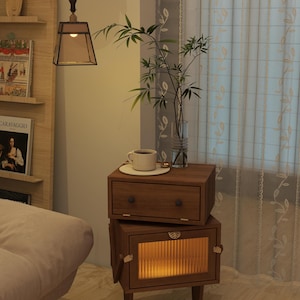 Handcrafted Solid Wood Robot-Shaped Side Cabinet with LED Light & Drawer, Whimsical Wooden Nightstand with Storage