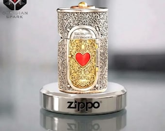 Encendedor romántico con forma de corazón, diseño Zippo vintage estilo cápsula, acabado plateado grabado, regalo de aniversario para él. Accesorios para hombre.