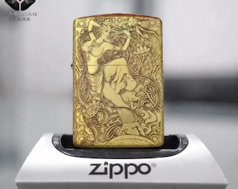 Gold Floral Portrait Zippo Lighter, Detailed Relief Figure Artwork, Ornamental Collectible Gift for Him Display