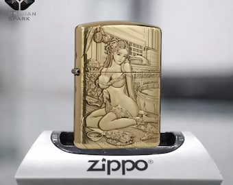 Gold Engraved Portrait Zippo Lighter, Decorative Interior Scene Artwork, Elegant Collectible Gift for Him Display
