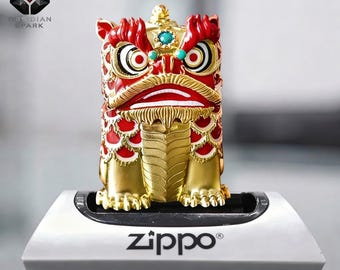 Encendedor Lucky Lion Dance, regalo para él, encendedor coleccionable con forma de bestia guardiana, diseño festivo en rojo y oro, encendedor de metal 3D, estilo llama a prueba de viento.