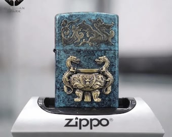 Encendedor de metal con diseño de dragón vintage, regalo coleccionable para él, encendedor a prueba de viento estilo Zippo, encendedor de dragón de bronce antiguo, regalo artístico único