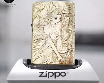 Gold Fox Spirit Anime Zippo Lighter, Luxury Engraved Zippo Style Windproof Lighter, Perfect Gift for Him, Collectible Premium lighter Design