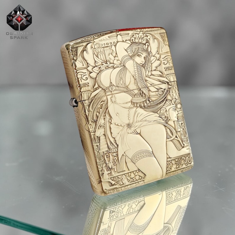 Metal Collectible Lighter Gift for Him, Ancient Egyptian Queen Lighter, Gold Engraved Goddess Design, Premium Art Lighter, Windproof Classic image 2