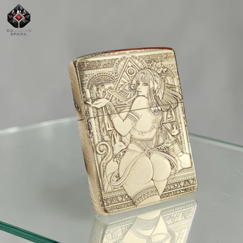 Metal Collectible Lighter Gift for Him, Ancient Egyptian Queen Lighter, Gold Engraved Goddess Design, Premium Art Lighter, Windproof Classic image 5
