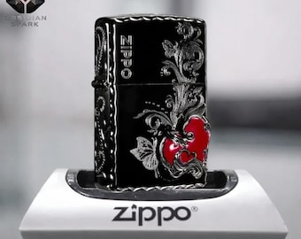 Black Heart Ornament Zippo Lighter, Red Relief Accent Collectible Display Piece, Elegant Gift for Him Design