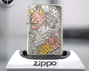 Silver Oni Portrait Zippo Lighter, Floral Snake Artwork Collectible Display Piece, Decorative Gift for Him Design