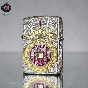 Gold Red Engraved Lighter Collectible Lighter Gift for Him, Mythical Warrior Lighter Guardian Design, Premium 3D Lighter, Windproof Flame image 3