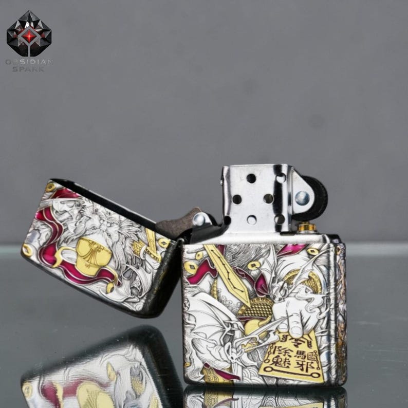 Gold Red Engraved Lighter Collectible Lighter Gift for Him, Mythical Warrior Lighter Guardian Design, Premium 3D Lighter, Windproof Flame image 4
