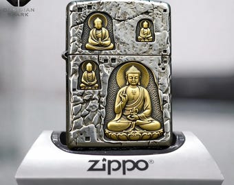Zen Buddha Lighter Gift for Him, Collectible Spiritual Lighter, Gold Engraved Meditation Design, Premium 3D Lighter, Windproof Classic Style