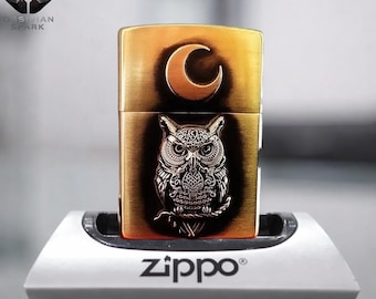 Encendedor metálico vintage con forma de búho, regalo coleccionable para él, encendedor a prueba de viento estilo Zippo, encendedor con búho lunar grabado, regalo de encendedor rústico dorado