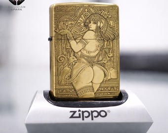 Metal Collectible Lighter Gift for Him, Ancient Egyptian Queen Lighter, Gold Engraved Goddess Design, Premium Art Lighter, Windproof Classic