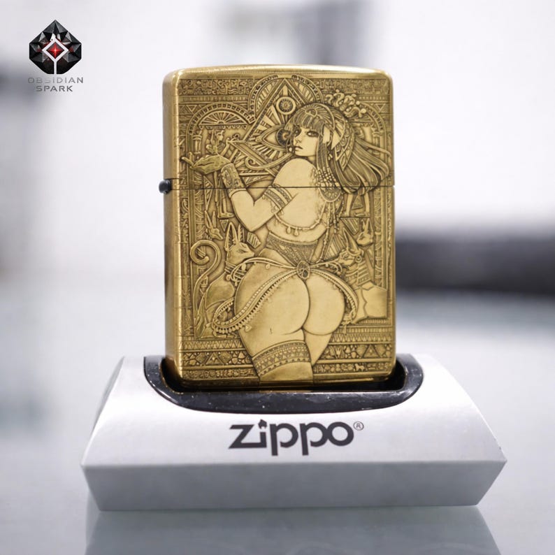 Metal Collectible Lighter Gift for Him, Ancient Egyptian Queen Lighter, Gold Engraved Goddess Design, Premium Art Lighter, Windproof Classic image 1