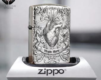 Encendedor Zippo de plata con relieve de la Virgen María, retrato del Sagrado Corazón, pieza de colección de metal ornamental para él.