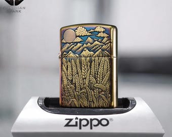 Encendedor con diseño de campo de trigo en la montaña, regalo para él, encendedor estilo Zippo a prueba de viento, regalo perfecto para hombres, equipo de camping, diseño premium de colección.