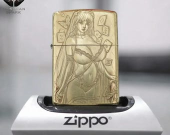 Luxury Gold Anime Girl Lighter, Gift for Him Zippo Style Windproof Lighter, Perfect Mens Gift, Anniversary Gift, Collectible Premium Design