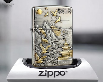 Collectible Metal Lighter Gift for Him, Antique Landscape Lighter, Gold Silver Engraved Scene, Premium 3D Lighter, Windproof Classic Design