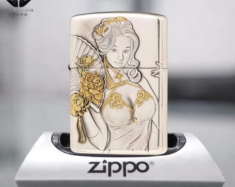 Encendedor elegante con grabado de una dama asiática, regalo para él, encendedor estilo Zippo a prueba de viento, regalo para hombre, regalo de aniversario, diseño premium de colección.