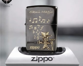 Encendedor metálico con calavera musical, regalo coleccionable para él, encendedor a prueba de viento estilo Zippo, encendedor mágico con calavera grabada, idea de regalo gótico única