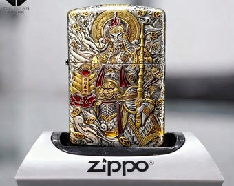 Premium Collectible Golden Lighter, Golden Warrior Design, Intricate Asian Myth Engraved Lighter, 3D Art Metal Lighter, Windproof Flame