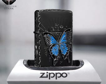 Black Butterfly Art Zippo Lighter, Blue Wing Relief Design Collectible Display Piece, Elegant Gift for Him Style