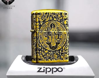 Vintage Religious Emblem Lighter Gift, Ornate Engraved Zippo Design, Antique Gold Finish, Birthday Gift For Him Mens Accessories Collectible
