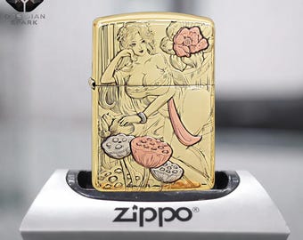 Elegante encendedor Zippo vintage con diseño floral pin-up, de colección, con grabado dorado, regalo único para él, ideal para cumpleaños o el Día del Padre.