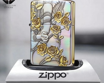 Elegant Rose Lighter Gift for Him, Collectible Floral Lighter, Gold Rose Design Metal Lighter, Premium 3D Finish, Windproof Classic Style