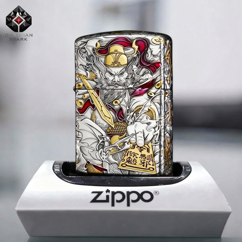 Gold Red Engraved Lighter Collectible Lighter Gift for Him, Mythical Warrior Lighter Guardian Design, Premium 3D Lighter, Windproof Flame image 1