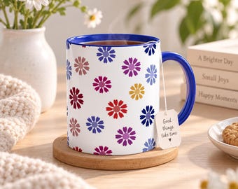 Colorful flower mug with hearts | Cheerful ceramic mug | Mug with flowers | Gift for her | 5 colors