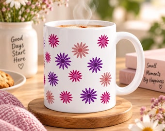Colorful flower mug | Ceramic mug with pink and purple flowers | Cheerful coffee mug | Gift for her | White or black mug