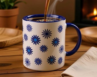 Ceramic mug with blue floral print, stylish ceramic coffee mug, floral decoration, birthday gift, coffee gift